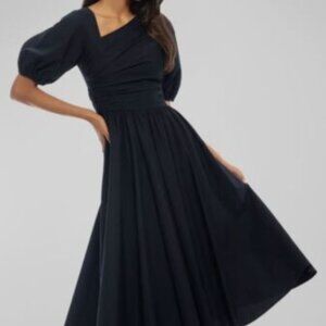 Shoshanna Women's Blue Jordan Ruched Puff Sleeve Poplin Midi Dress